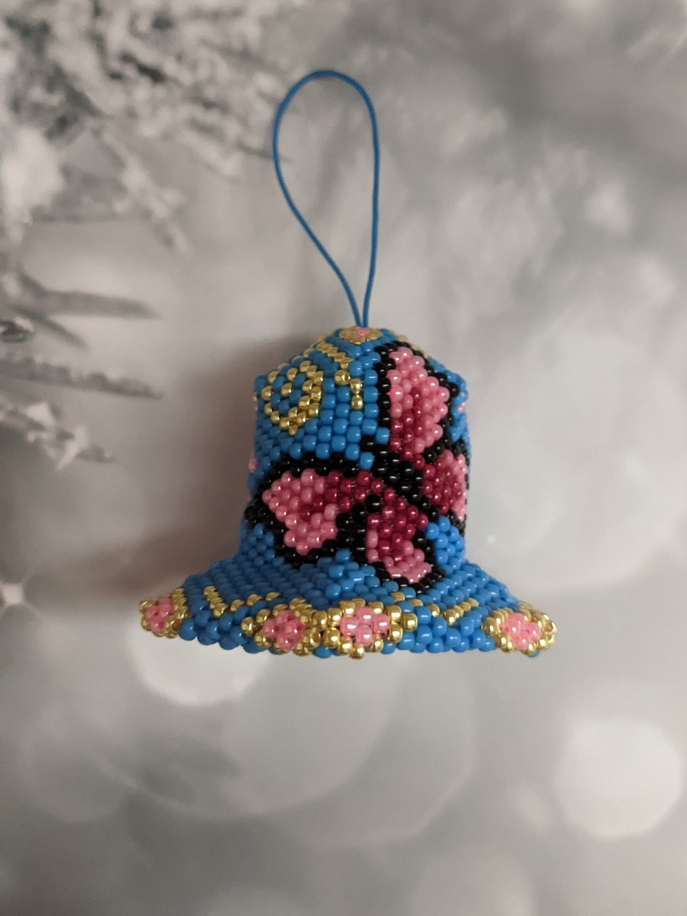 Blue Beaded Bell Ornament with Pink Butterfly Motif